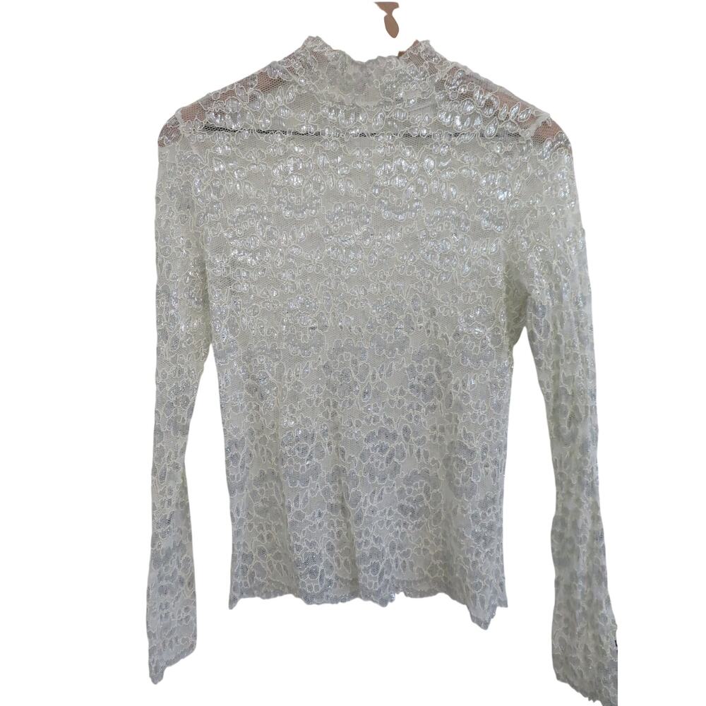 Lew Magram Women Sz M Silver Cream Sheer Lace Top Long Sleeve Layering Elegant